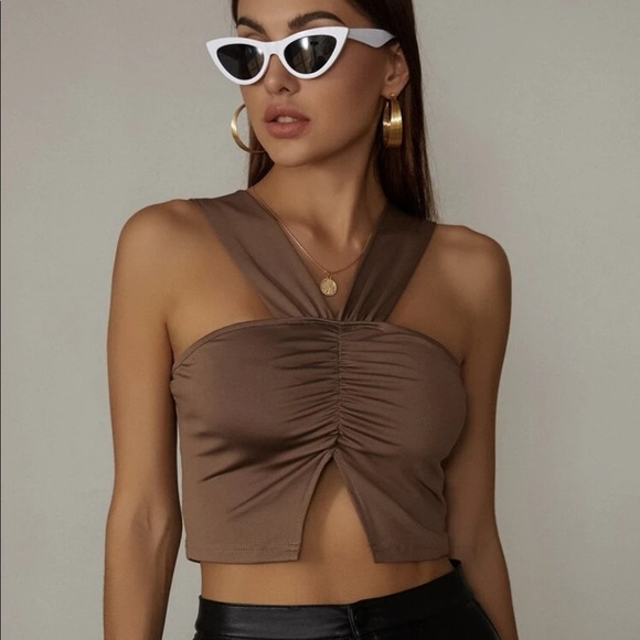 Halter Ruched Front Split Top - Picture 2 of 5